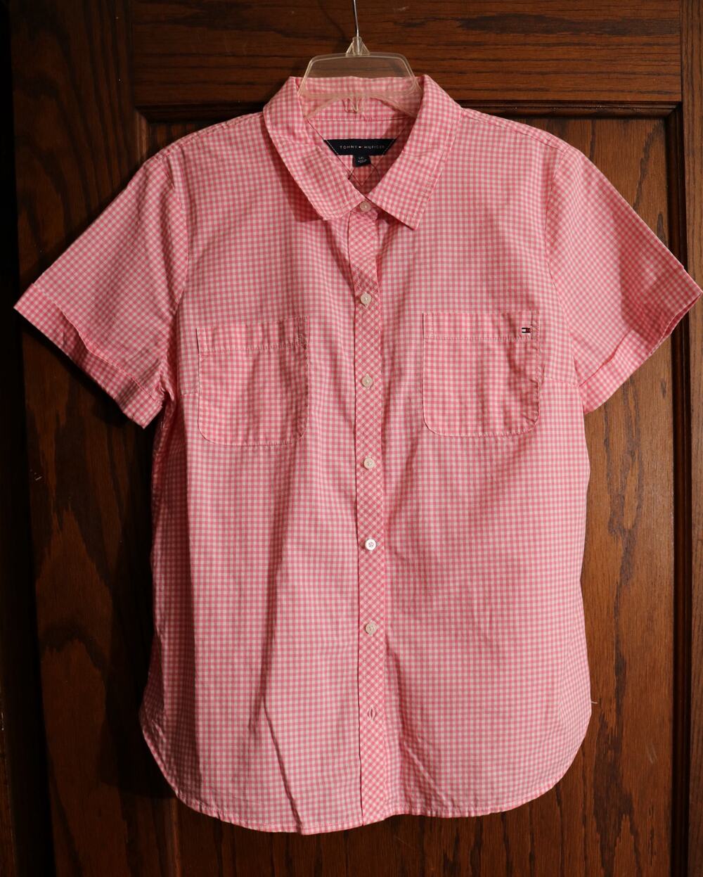 TOMMY HILFIGER Shirt Women’s Large Checkered Pink White Non Iron Short Sleeve